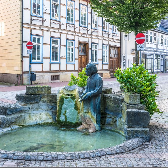 Baxmann-Brunnen, im Hintergrund Fachwerkhäuser, Hessisch Oldendorf