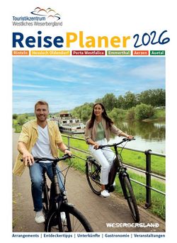 ReisePlaner 2026 - Titelbild, Pärchen mit E-Bikes entlang des Weserufers
