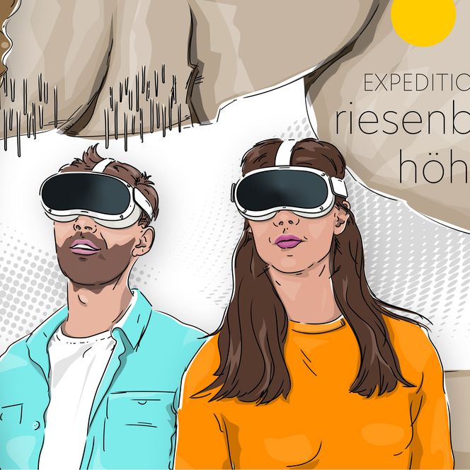 Grafik zur Virtual Reality Show Expedition Riesenberghöhle mit einem Paar mit VR-Brillen