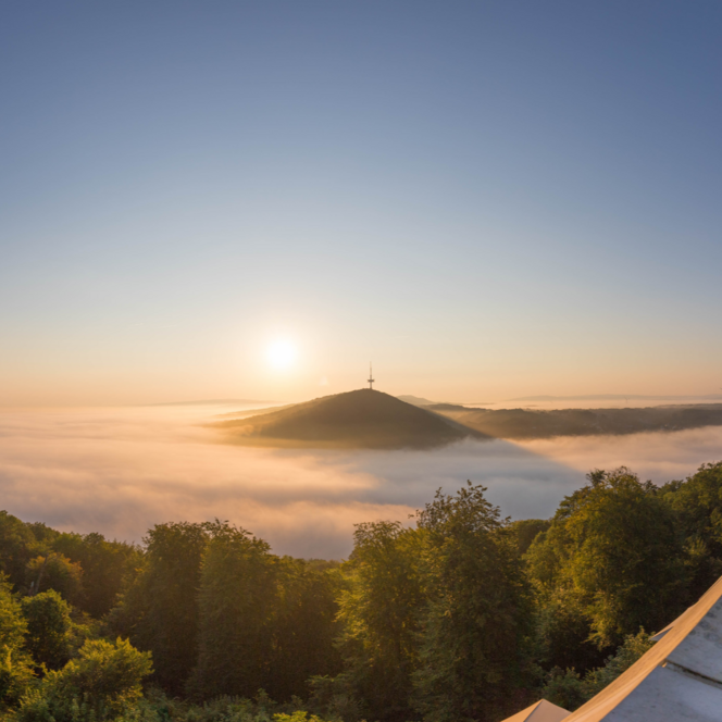 Kaiser-Wilhelm-Denkmal Ringterrasse mit Blick auf Fernsehturm bei Sonnenaufgang