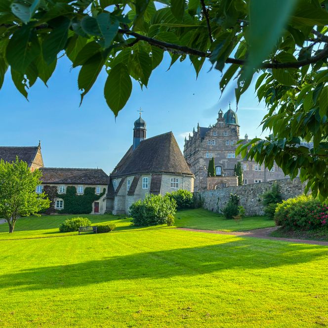 Schloss Hämelschenburg, Blick auf das Schloss vom Park, Emmerthal